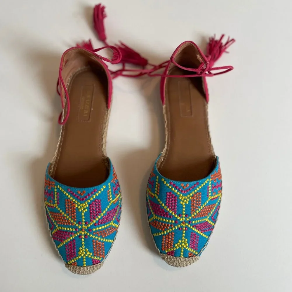 NEW Aquazzura Palm Springs Tassel Espadrille Sandals Size 38 Pink Blue S…